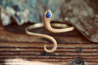 Snake Bracelet Lapis Lazuli Brass Bangle – Boho Cuff with Blue Gemstone – Adjustable Statement Jewellery Gift for Her