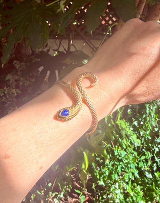 Snake Bracelet Turquoise Brass Bangle – Boho Cuff with Turquoise Gemstone – Adjustable Statement Jewellery Gift for Her