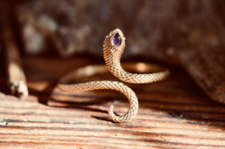 Snake Bracelet Amethyst Brass Bangle – Boho Cuff with Purple Gemstone – Adjustable Statement Jewellery Gift for Her