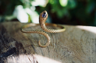 Snake Bracelet Amethyst Brass Bangle – Boho Cuff with Purple Gemstone – Adjustable Statement Jewellery Gift for Her