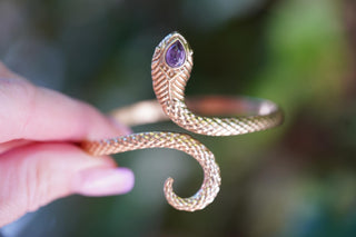 Snake Bracelet Amethyst Brass Bangle – Boho Cuff with Purple Gemstone – Adjustable Statement Jewellery Gift for Her