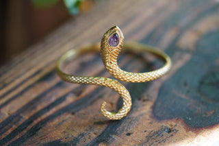 Snake Bracelet Amethyst Brass Bangle – Boho Cuff with Purple Gemstone – Adjustable Statement Jewellery Gift for Her