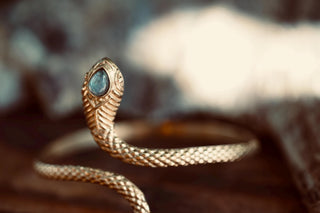 Snake Bracelet Labradorite Brass Bangle – Boho Snake Cuff – Adjustable Statement Jewellery Gift for Her