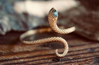 Snake Bracelet Labradorite Brass Bangle – Boho Snake Cuff – Adjustable Statement Jewellery Gift for Her