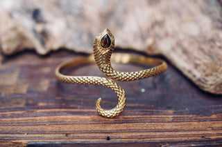 Snake Bracelet Tiger Eye Brass Bangle – Boho Snake Cuff – Adjustable Statement Jewellery Gift for Her