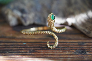 Snake Bracelet Green Onyx Brass Bangle – Boho Snake Cuff – Adjustable Statement Jewellery Gift for Her