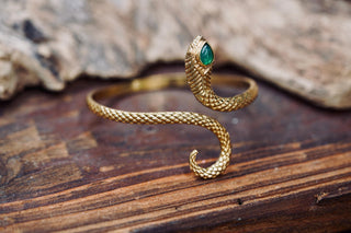 Snake Bracelet Green Onyx Brass Bangle – Boho Snake Cuff – Adjustable Statement Jewellery Gift for Her