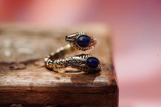 Lapis Lazuli Snake Ring, Two Snake Head Brass Ring, Wrap Around Snake Ring