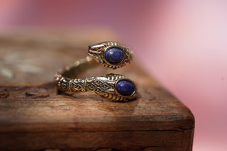 Lapis Lazuli Snake Ring, Two Snake Head Brass Ring, Wrap Around Snake Ring