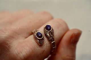 Lapis Lazuli Snake Ring, Two Snake Head Brass Ring, Wrap Around Snake Ring