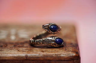 Lapis Lazuli Snake Ring, Two Snake Head Brass Ring, Wrap Around Snake Ring