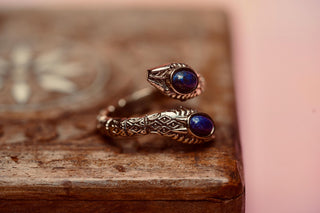 Lapis Lazuli Snake Ring, Two Snake Head Brass Ring, Wrap Around Snake Ring