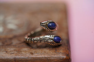 Lapis Lazuli Snake Ring, Two Snake Head Brass Ring, Wrap Around Snake Ring
