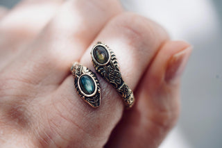 Labradorite Snake Ring, Two Snake Head Brass Ring, Wrap Around Snake Ring