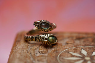 Labradorite Snake Ring, Two Snake Head Brass Ring, Wrap Around Snake Ring