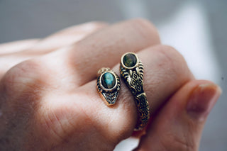 Labradorite Snake Ring, Two Snake Head Brass Ring, Wrap Around Snake Ring