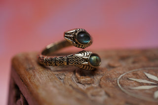 Labradorite Snake Ring, Two Snake Head Brass Ring, Wrap Around Snake Ring