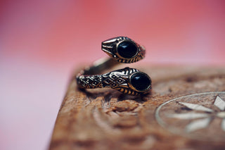 Black Onyx Snake Ring, Two Snake Head Brass Ring, Wrap Around Snake Ring