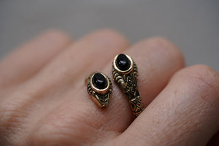 Black Onyx Snake Ring, Two Snake Head Brass Ring, Wrap Around Snake Ring