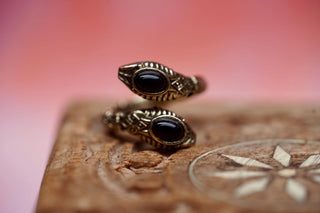 Black Onyx Snake Ring, Two Snake Head Brass Ring, Wrap Around Snake Ring