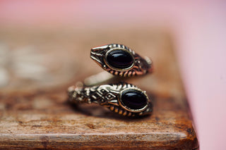 Black Onyx Snake Ring, Two Snake Head Brass Ring, Wrap Around Snake Ring
