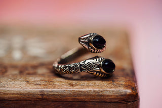 Black Onyx Snake Ring, Two Snake Head Brass Ring, Wrap Around Snake Ring