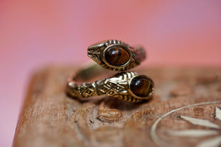 Tiger Eye Snake Ring, Two Snake Head Brass Ring, Wrap Around Snake Ring