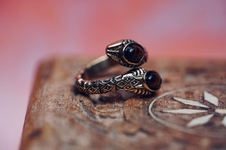 Tiger Eye Snake Ring, Two Snake Head Brass Ring, Wrap Around Snake Ring
