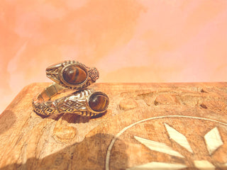 Tiger Eye Snake Ring, Two Snake Head Brass Ring, Wrap Around Snake Ring