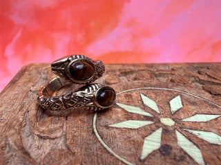 Tiger Eye Snake Ring, Two Snake Head Brass Ring, Wrap Around Snake Ring