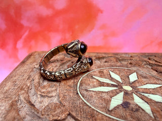 Tiger Eye Snake Ring, Two Snake Head Brass Ring, Wrap Around Snake Ring