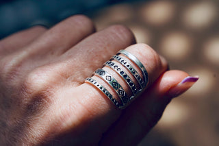 Adjustable Silver Multi-Band Ring Aztec, Bohemian Geometric Patterns, Non-Tarnish White Metal