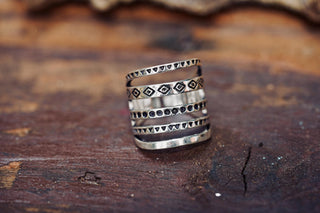 Adjustable Silver Multi-Band Ring Aztec, Bohemian Geometric Patterns, Non-Tarnish White Metal