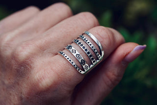 Adjustable Silver Multi-Band Ring Aztec, Bohemian Geometric Patterns, Non-Tarnish White Metal