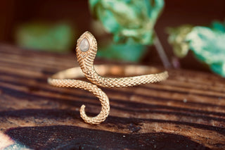 Snake Bracelet Moonstone Brass Bangle – Boho Snake Cuff – Adjustable Statement Jewellery Gift for Her