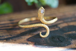 Snake Bracelet Moonstone Brass Bangle – Boho Snake Cuff – Adjustable Statement Jewellery Gift for Her