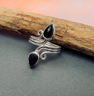 Silver Spiral Black Onyx Adjustable Ring, Non Tarnish Ring, One size bohemian Ring for Her