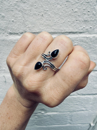 Silver Spiral Black Onyx Adjustable Ring, Non Tarnish Ring, One size bohemian Ring for Her