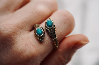 Turquoise Snake Ring, Two Snake Head Brass Ring, Wrap Around Snake Ring