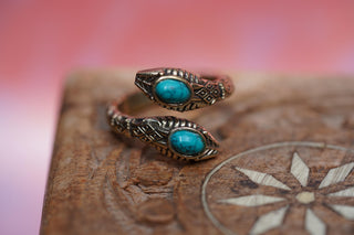 Turquoise Snake Ring, Two Snake Head Brass Ring, Wrap Around Snake Ring