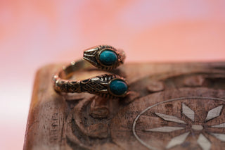 Turquoise Snake Ring, Two Snake Head Brass Ring, Wrap Around Snake Ring