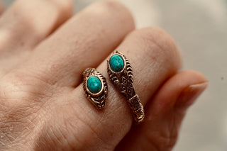 Turquoise Snake Ring, Two Snake Head Brass Ring, Wrap Around Snake Ring