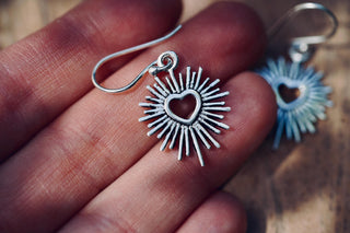 Silver Sacred Heart Earrings, Small Mexican Milagro Inspired Earrings, Sunburst Heart Dangles, Boho Silver Earrings