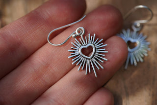 Silver Sacred Heart Earrings, Small Mexican Milagro Inspired Earrings, Sunburst Heart Dangles, Boho Silver Earrings
