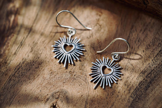 Silver Sacred Heart Earrings, Small Mexican Milagro Inspired Earrings, Sunburst Heart Dangles, Boho Silver Earrings