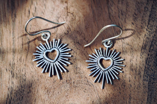 Silver Sacred Heart Earrings, Small Mexican Milagro Inspired Earrings, Sunburst Heart Dangles, Boho Silver Earrings
