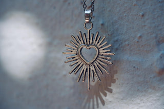 Mexican Sacred Heart Silver Pendant Necklace 50cm Stainless Steel Chain, Milagro Inspired Necklace, Sunburst Heart Necklace