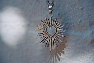 Mexican Sacred Heart Necklace and Earrings Set, Silver Heart Sunburst Jewellery Gift Box