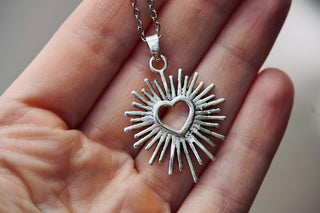 Mexican Sacred Heart Silver Pendant Necklace 50cm Stainless Steel Chain, Milagro Inspired Necklace, Sunburst Heart Necklace