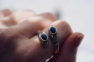 Lapis Lazuli Snake Ring, Two Snake Head Brass Ring, Wrap Around Snake Ring